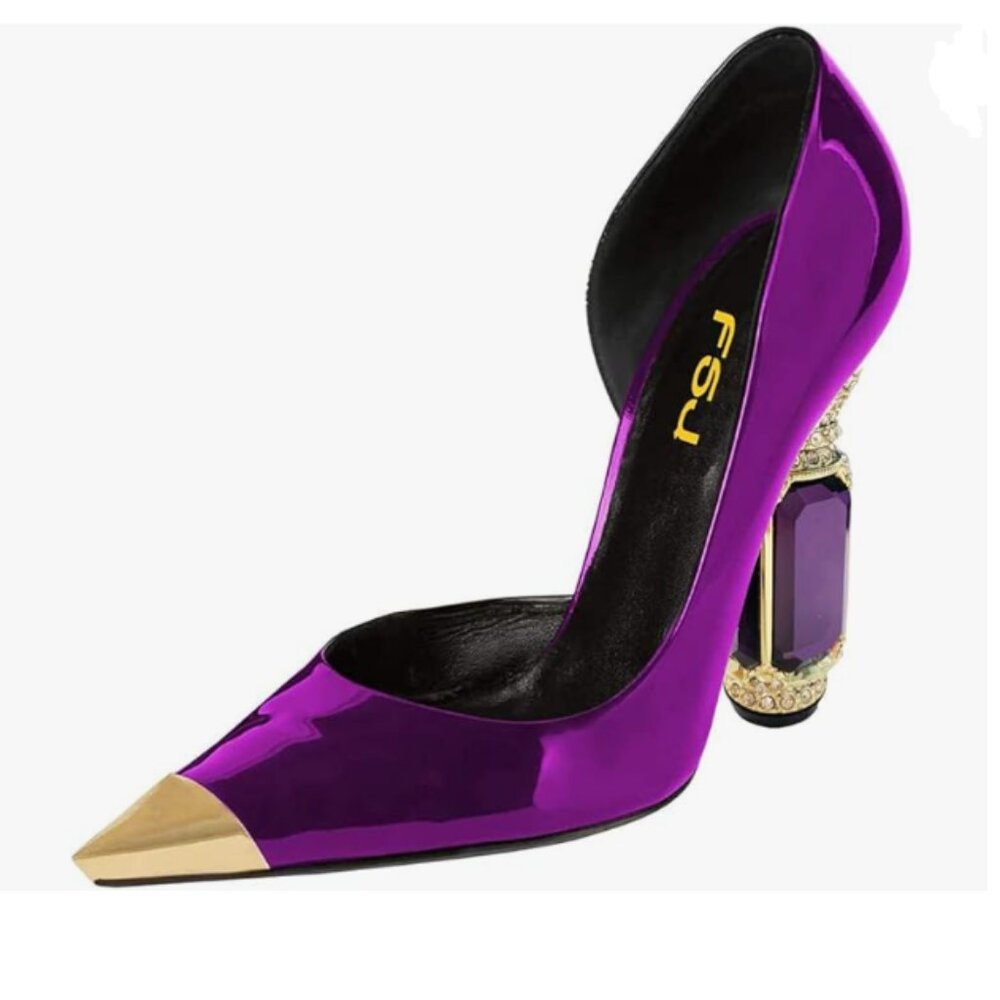 FSJ Purple Bridal Pointed Toe High Heel Crystal Pumps Slip on Wedding Thick Shoe